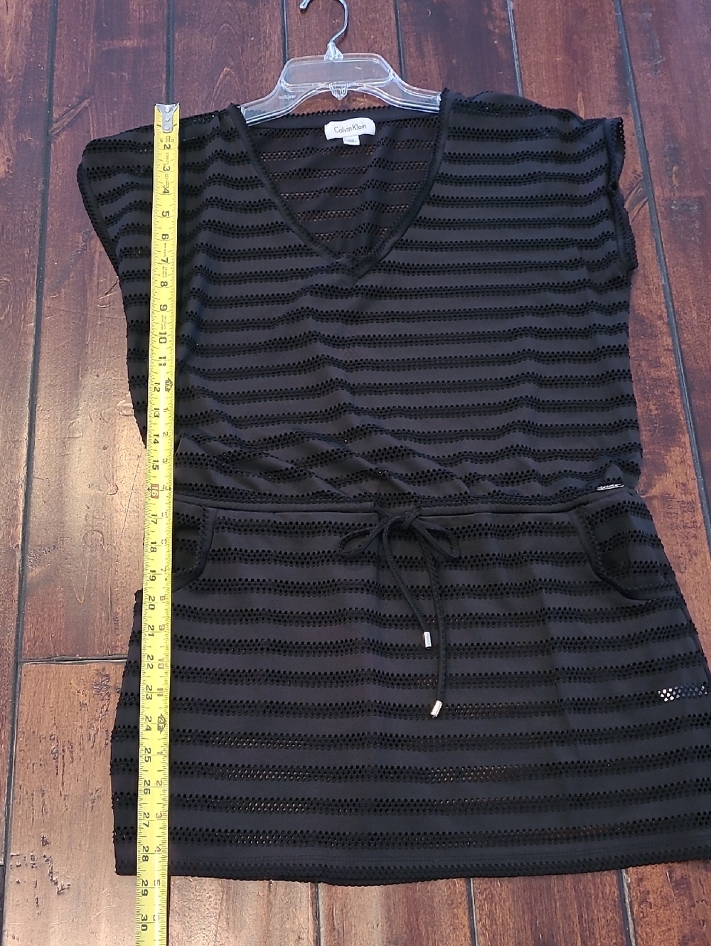 Calvin Klein Black Striped V-Neck Tunic with Drawstring Swim Cover Size S/M - Picture 5 of 9